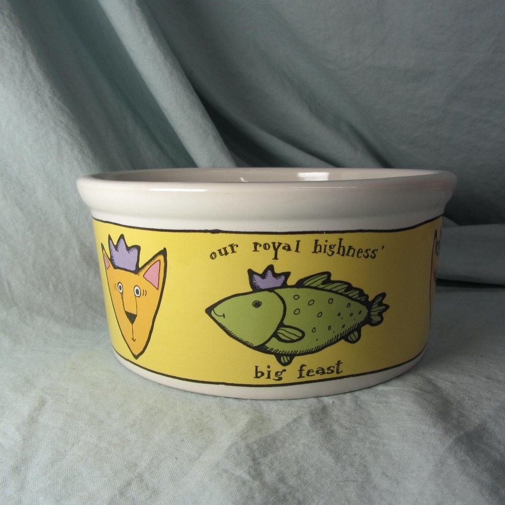 food bowl vintage adventure cat Ursula Dodge signature stoneware (w1838)